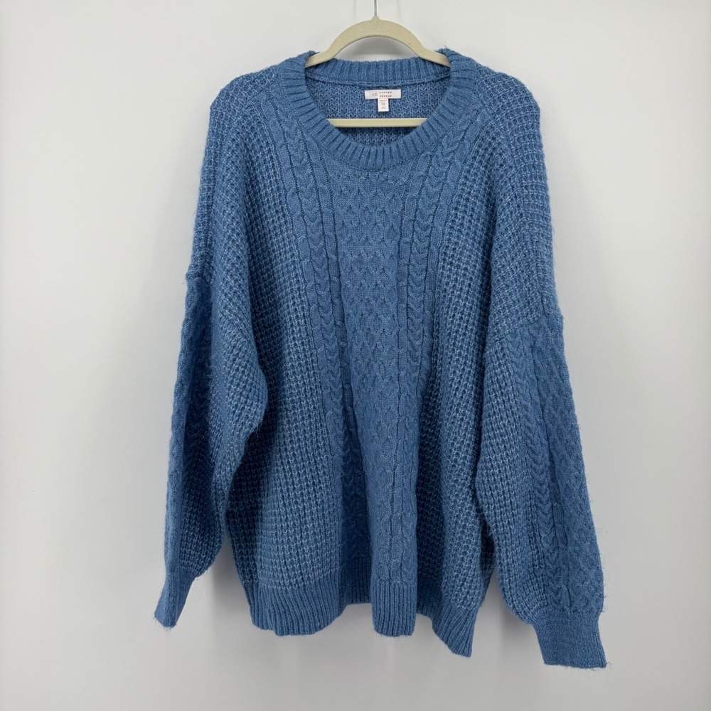 LC Lauren Conrad Womens 1X Blue Shimmer Cable Knit Crewโ Neck Sweater NEW